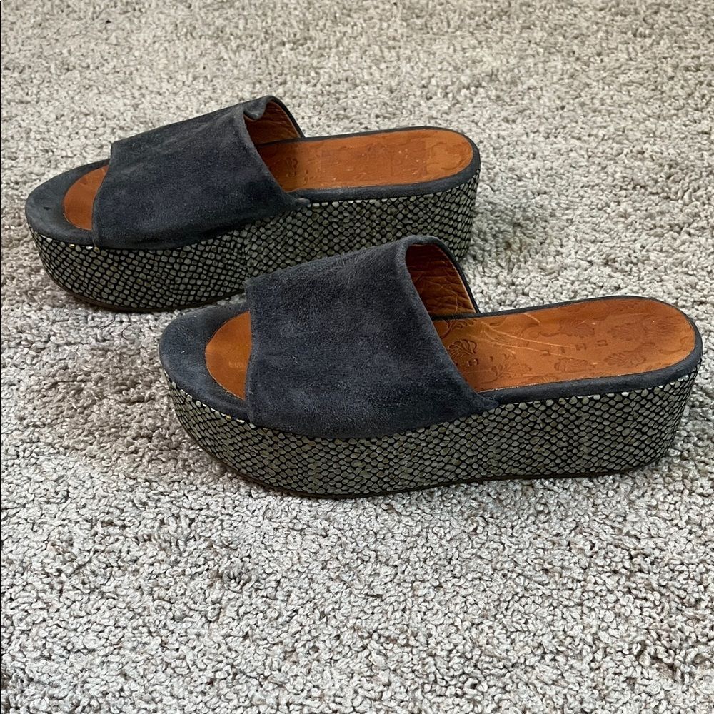 Chie Mihara Omar Chunky Wedge Platform Sandals Charcoal Suede Snakeskin 36.5 6.5